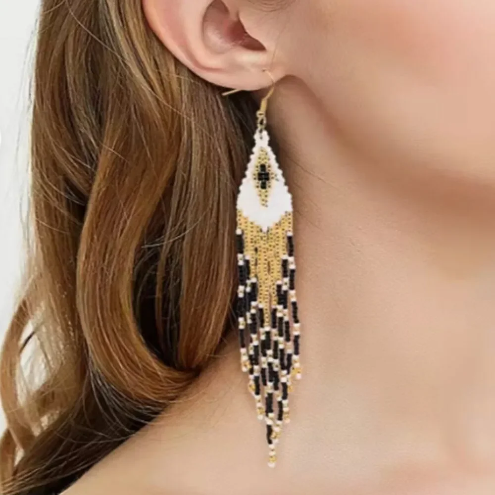White Gold Black Glass Seed Beaded Fringe Earrings – Long Geometric Statement